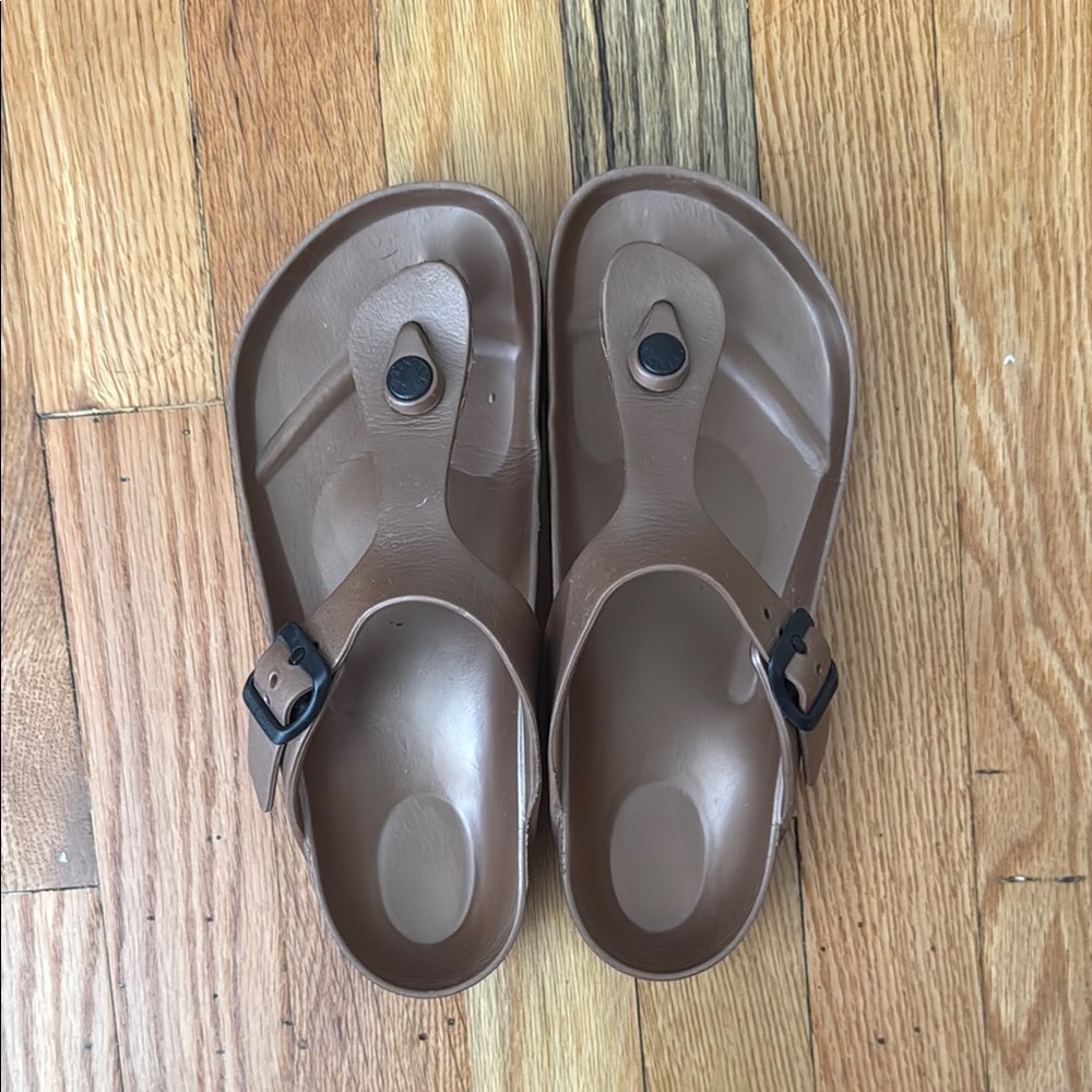 Birkenstock Tan Slide Sandals with Black Buckle